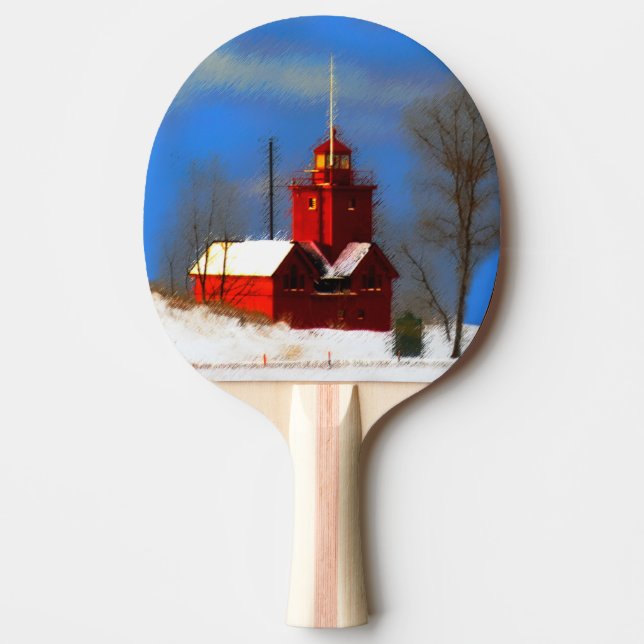 Big Red Lighthouse Painting - Original Art Ping Pong Paddle (Front)