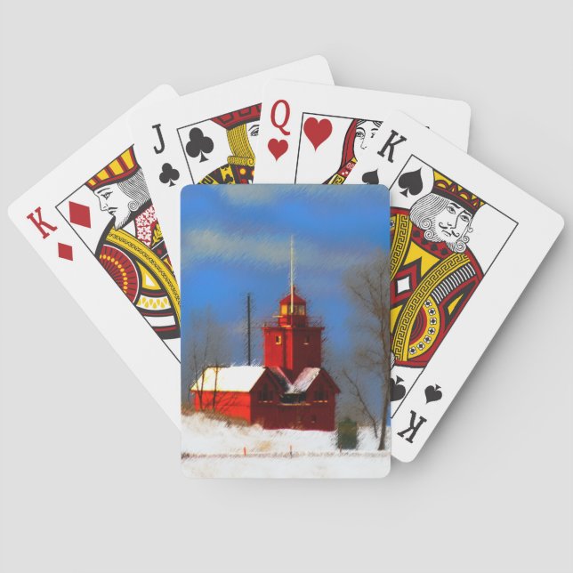 Big Red Lighthouse Painting - Original Art Playing Cards (Back)