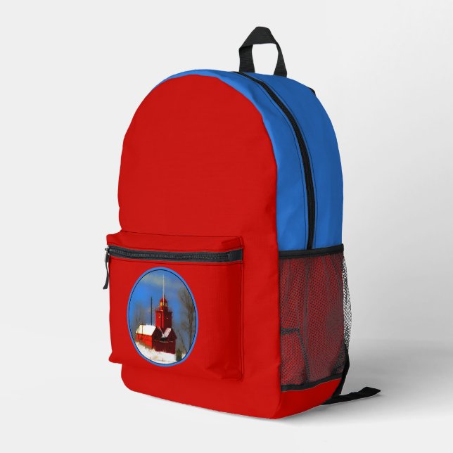 Big Red Lighthouse Painting - Original Art Printed Backpack (Back Corner Right)