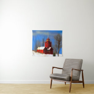 Big Red Lighthouse Painting - Original Art Tapestry