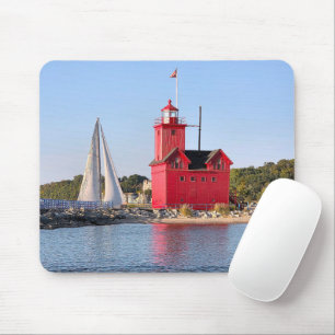 Big Red Lighthouse With Sailboat Mouse Mat