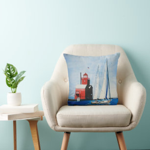Big Red Michigan Lighthouse and Sailboat Cushion