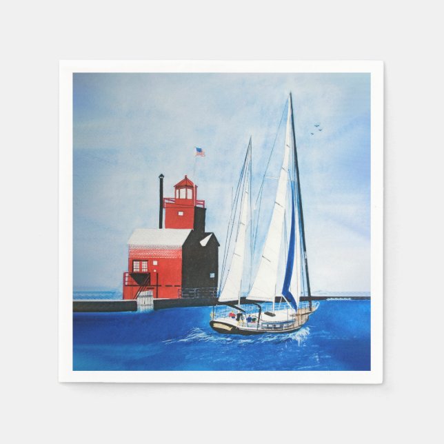 Big Red Michigan Lighthouse and Sailboat Napkin (Front)