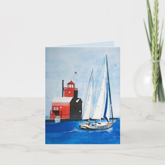 Big Red Michigan lighthouse with sailboat Card (Front)