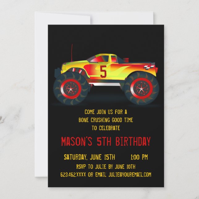 Big Red Monster Truck Birthday Party Invitations (Front)