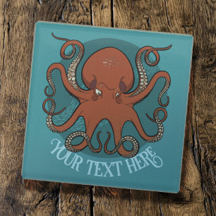 Big Red Octopus Artwork Personalised Text Design Glass Coaster