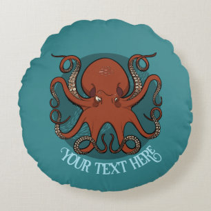 Big Red Octopus Artwork Personalised Text Design Round Cushion