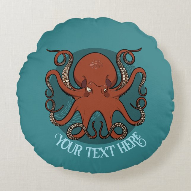 Big Red Octopus Artwork Personalised Text Design Round Cushion (Front)