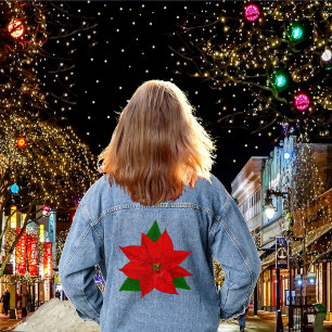 Big Red Poinsettia Flower  Denim Jacket