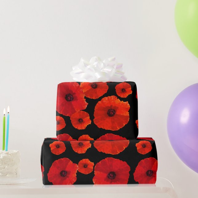 Big Red Poppies on Black Wrapping Paper (Party Gifts)