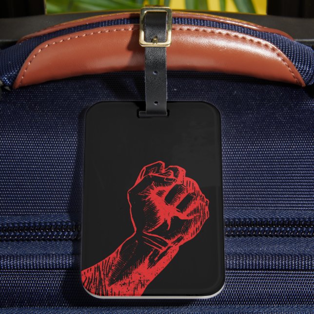 Big Red Raised Defiant Fist Luggage Tag (Front Insitu 2)