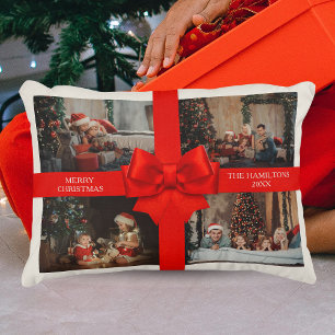 Big Red Ribbon Christmas Custom 4 Photo Decorative Decorative Cushion
