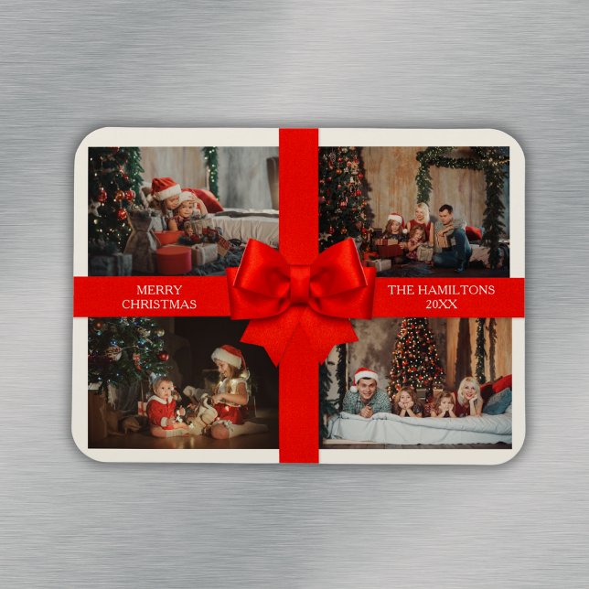 Big Red Ribbon Christmas Custom 4 Photo Decorative Magnet (Big Red Ribbon Christmas Custom 4 Photo Decorative Magnet
)