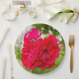 Big red roses in the garden paper plate