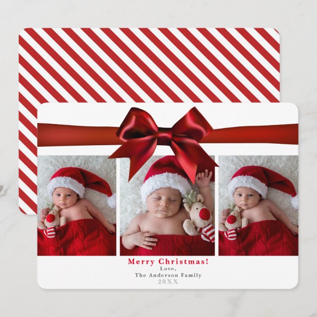Big Red Satin Bow Christmas Holiday 3 Photos Photo Invitation (Front/Back)