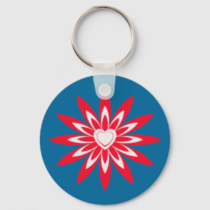 Big red & white flower with heart on blue key ring