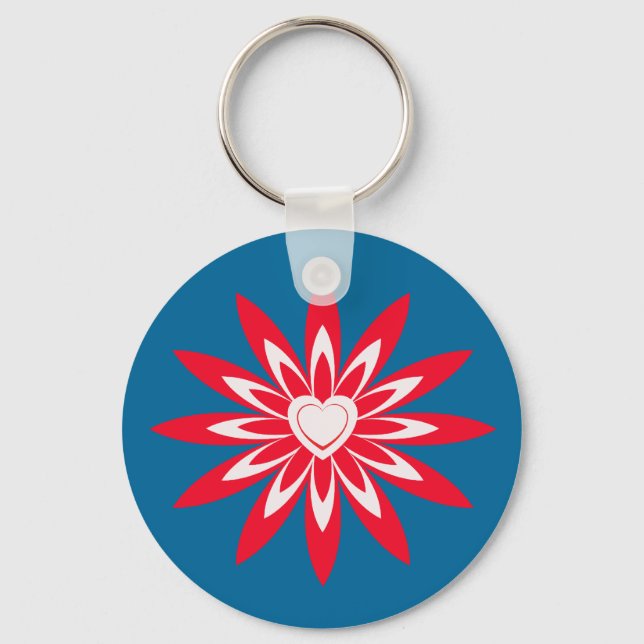 Big red & white flower with heart on blue key ring (Front)