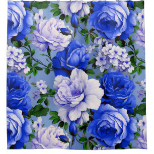 Big Retro Blue Rose Flower Shower Curtain