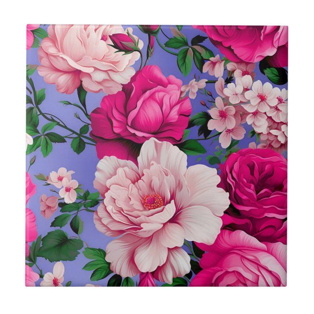 Big Retro Pink Rose Flower Tile (Front)