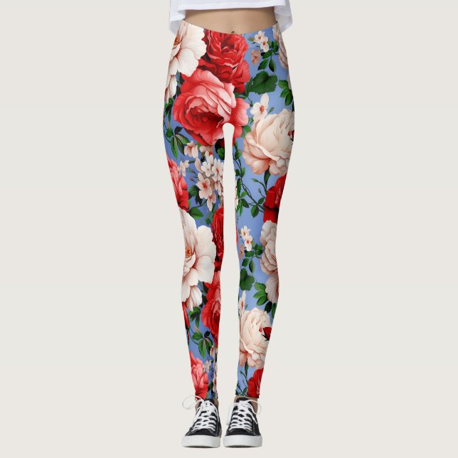 Big Retro Red Rose Flowers Leggings (Front)