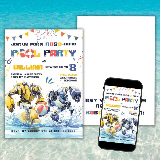 Big Robots Pool Party Birthday Invitation (Creator Uploaded)