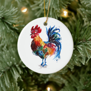 Big Rooster Watercolor Ceramic Tree Decoration