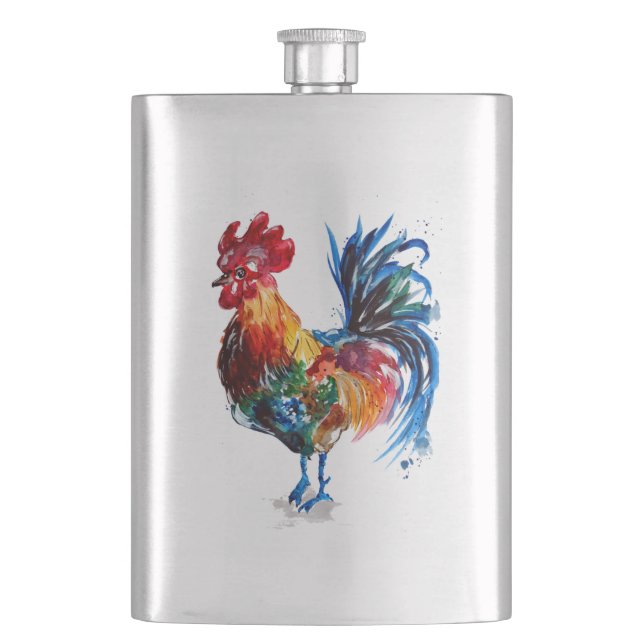 Big Rooster Watercolor Hip Flask (Front)
