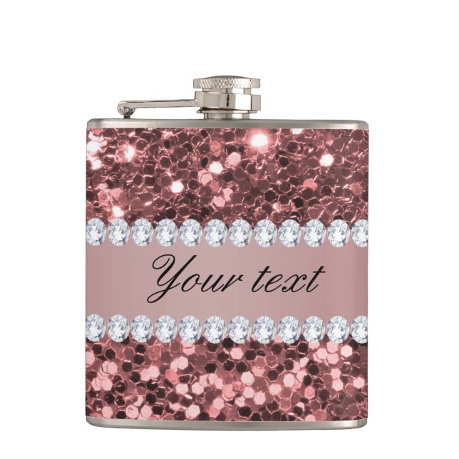 Big Rose Gold Faux Glitter and Diamonds Hip Flask (Front)