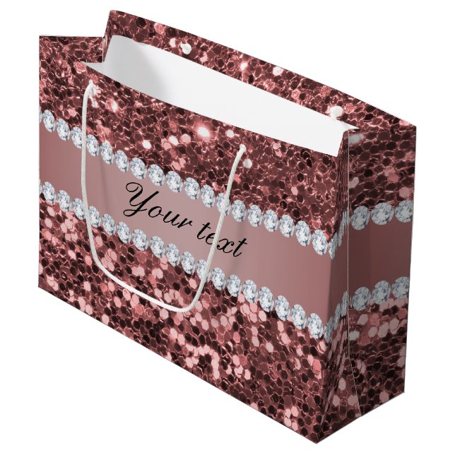 Big Rose Gold Faux Glitter and Diamonds Large Gift Bag (Front Angled)