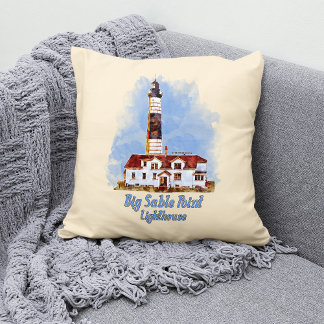 Big Sable Point Lighthouse Watercolor - Michigan Cushion