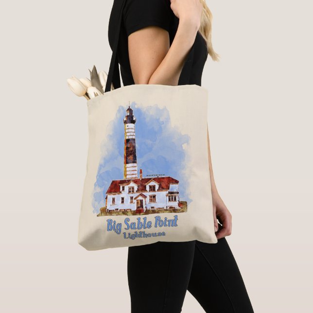 Big Sable Point Lighthouse Watercolor - Michigan Tote Bag (Close Up)