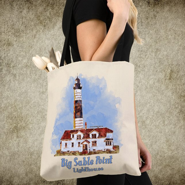 Big Sable Point Lighthouse Watercolor - Michigan Tote Bag (Big Sable Point Lighthouse Watercolor - Michigan. Tote Bag)