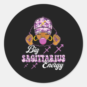 Big Sagittarius Energy Afro Girl With Purple Camou Classic Round Sticker