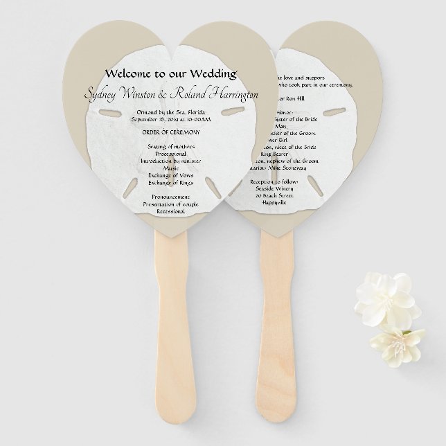 Big Sand Dollars Heart-Shaped Wedding Fan Program (Front and Back)