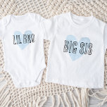 Big Sis Blue Heart Matching Sibling Family Baby T-Shirt<br><div class="desc">Custom printed apparel personalised with a watercolor heart graphic and "Big Sis" text in a cute hand-lettered font. Perfect for a pregnancy announcement photo or a gift for older siblings when new baby arrives! Use the design tools to edit the colours or add your own text and photos to create...</div>