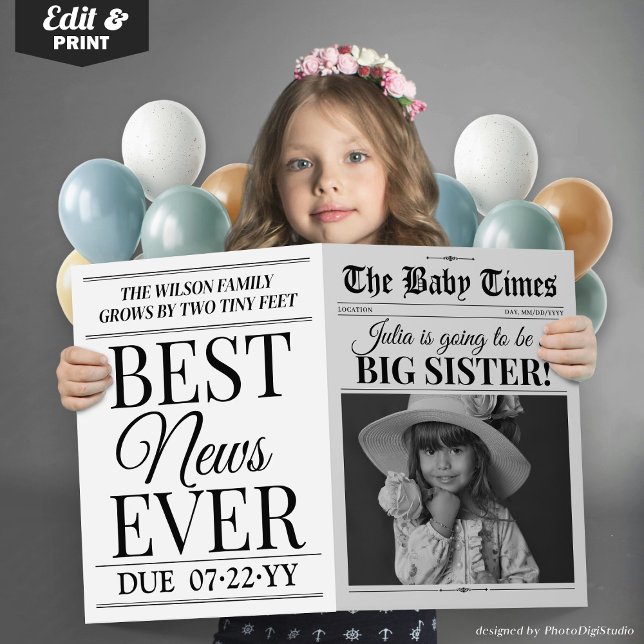 Big Sister Baby Announcement Newspaper Card (Big Sister Baby Announcement Newspaper Card)