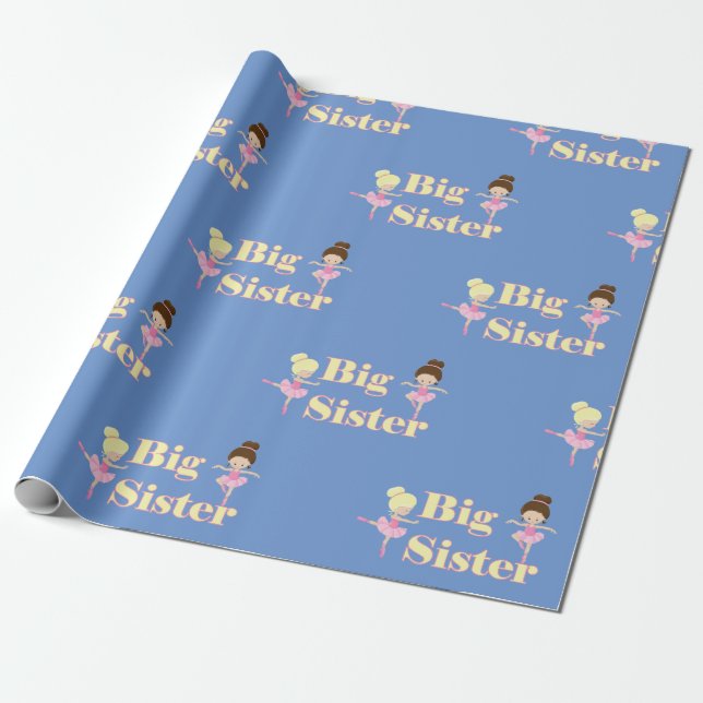 Big Sister Ballerina Sibling Blue Wrapping Paper (Unrolled)