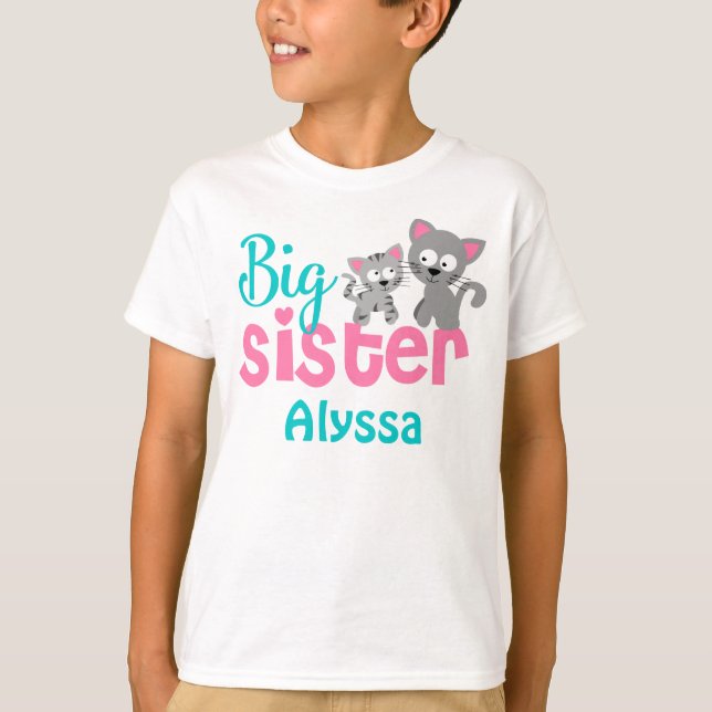 Big Sister Cat Pink Teal Personalised shirt (Front)