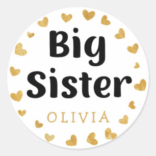 Big Sister Custom Name with gold hearts Classic Round Sticker