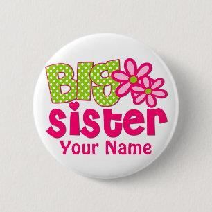Big Sister Lime Green Pink Personalised Button