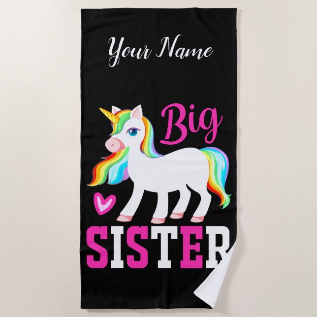 Big Sister Magical Unicorn w/ Rainbow Mane & Tail Beach Towel (Front)