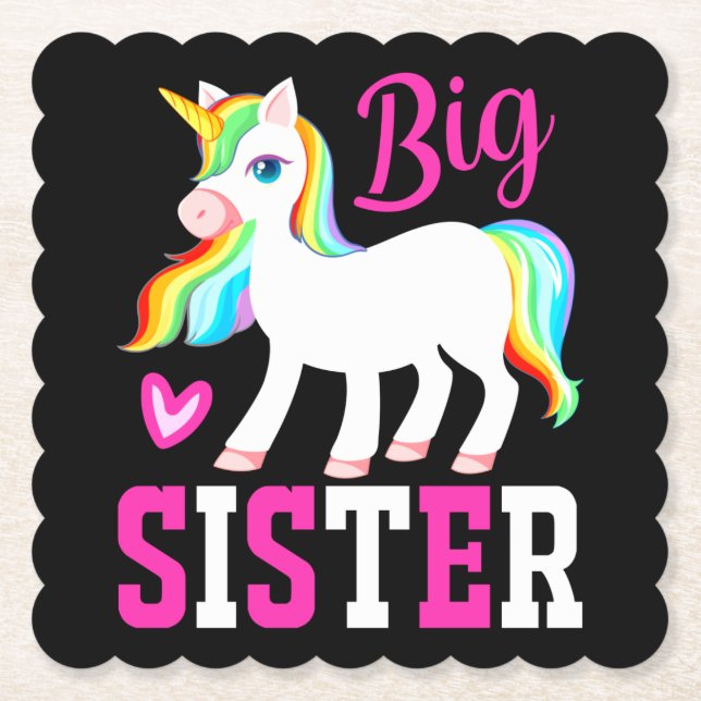 Big Sister Magical Unicorn w/ Rainbow Mane & Tail Paper Coaster (Front)