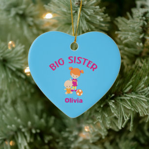 Big Sister Name with Baby Brother Year Heart Shape Ceramic Tree Decoration