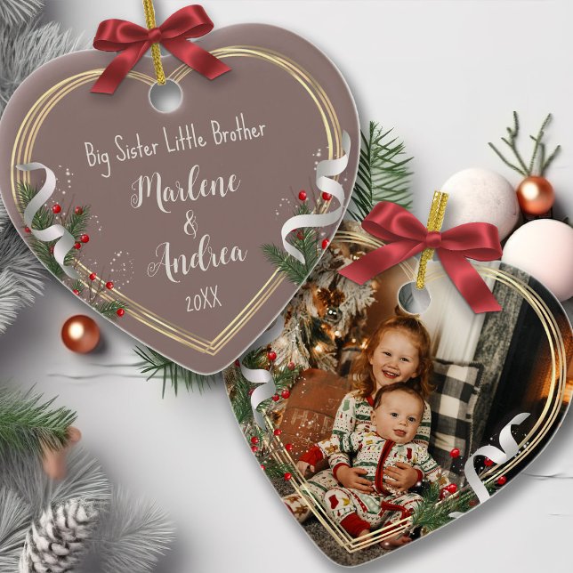 Big Sister New Baby Photo Holly Pine Gold Frame Ornament (Creator Uploaded)