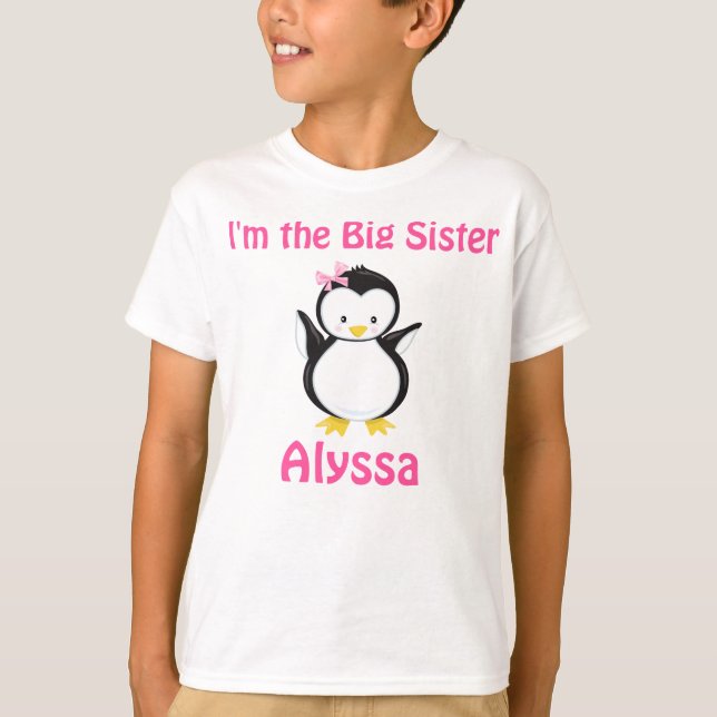 Big Sister Penguin Pink Teal Personalised shirt (Front)