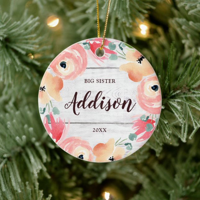 Big Sister Personalised Rustic Pink Floral Wreath Ceramic Tree Decoration (Tree)