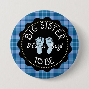 BIG SISTER to be Blue Plaid Baby Shower button