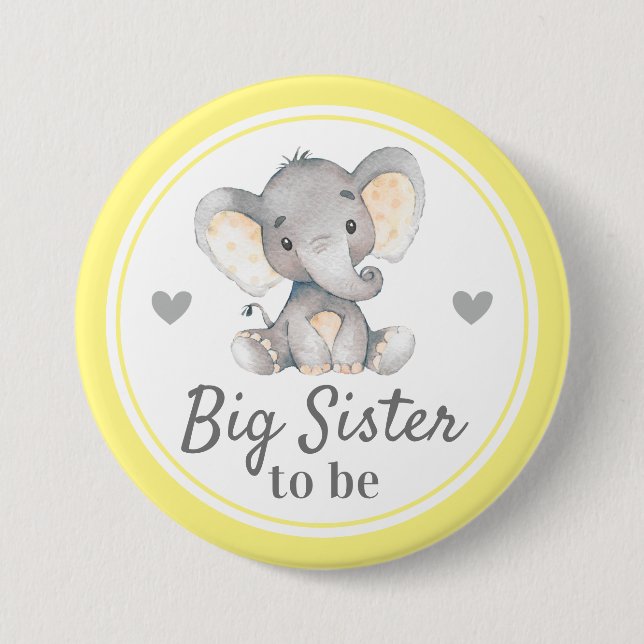 Big Sister to be Sis Yellow Elephant Baby Shower 7.5 Cm Round Badge (Front)