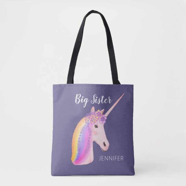 Big Sister Unicorn Rainbow Purple Personalised Tote Bag (Front)