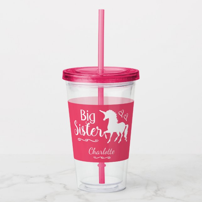 Big Sister Unicorn Silhouette Pink Girls Sibling Acrylic Tumbler (Front)